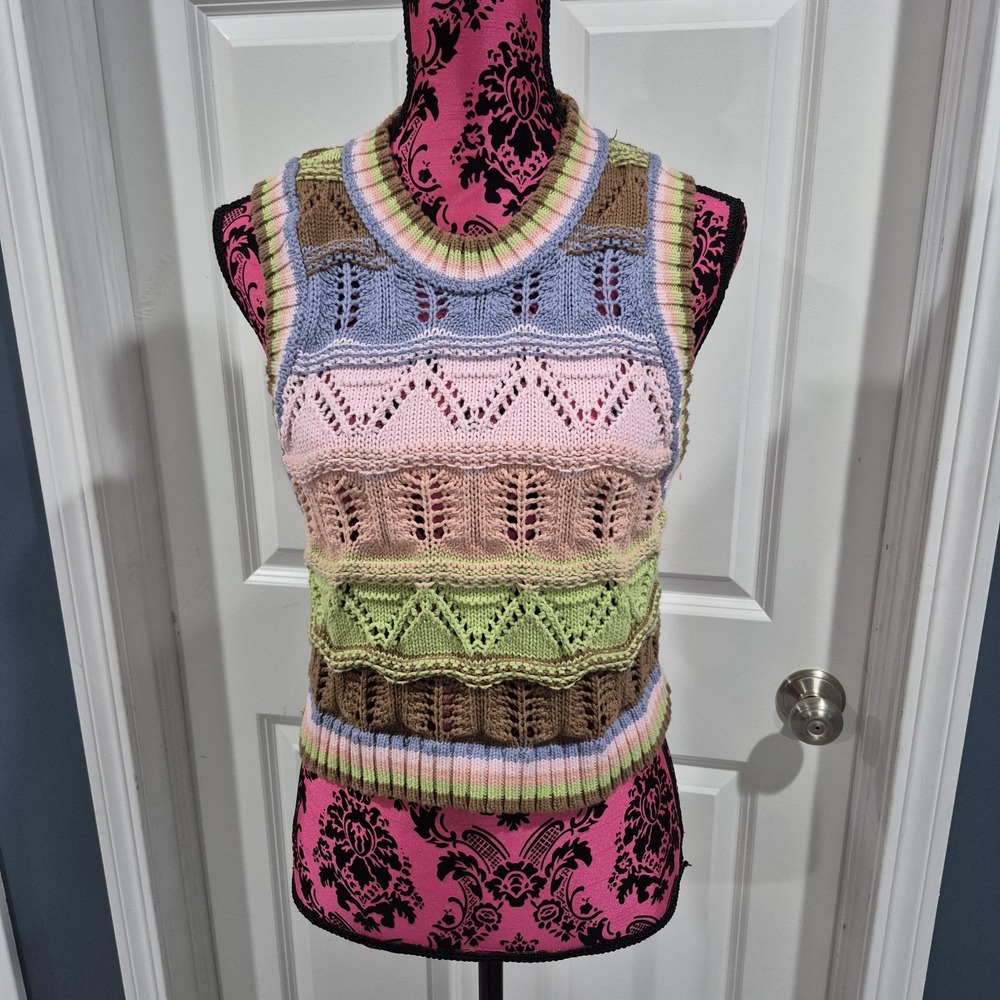 Zara Sweater Vest Womens Medium Cropped Crochet Chunky Knit Boho 70s Layering